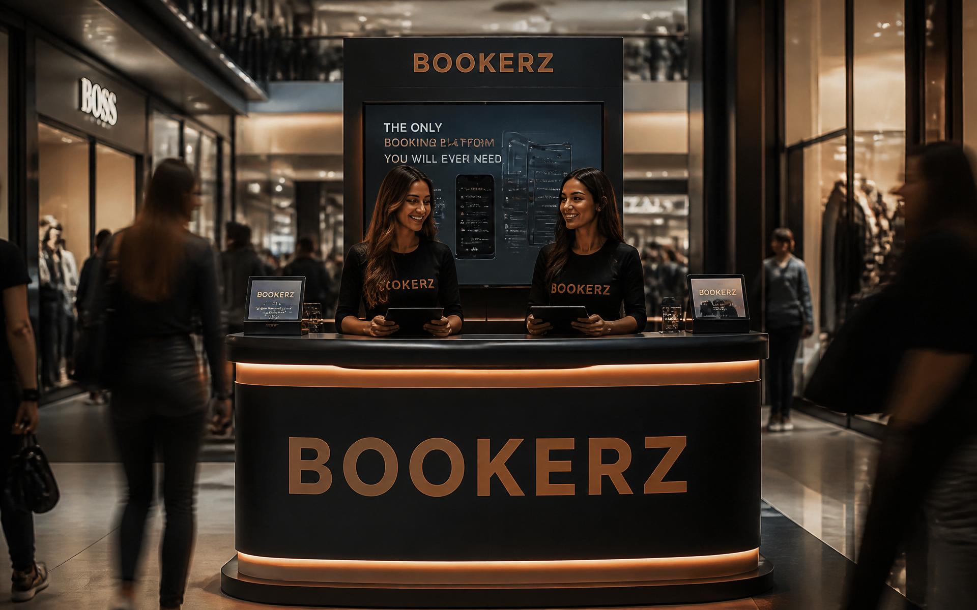 Bookerz brand ambassadors at a promotional stand in a modern shopping mall